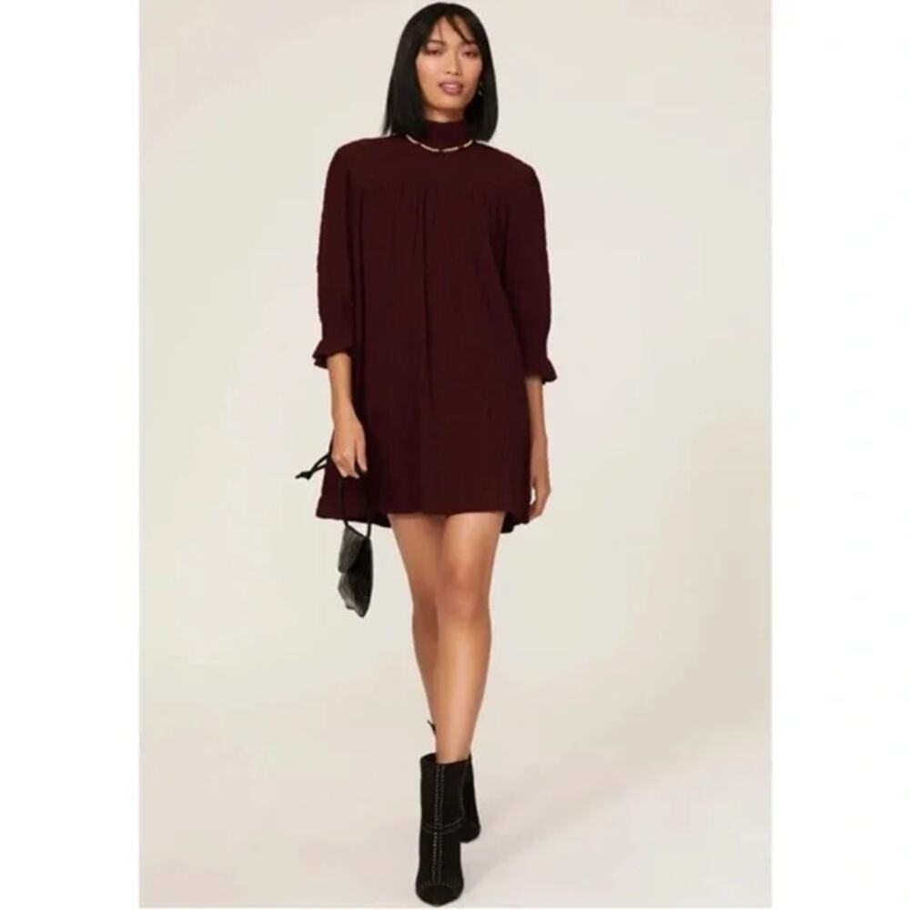 Ba&sh Women's Red Maroon Devis Smocked Turtleneck Babydoll Mini Dress Size S